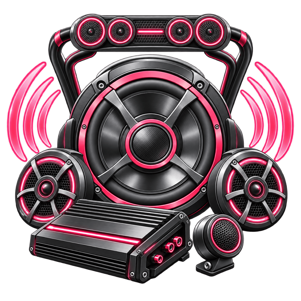 Custom golf cart audio system featuring a large subwoofer, mid-range speakers, and amplifier, showcasing Flamingo