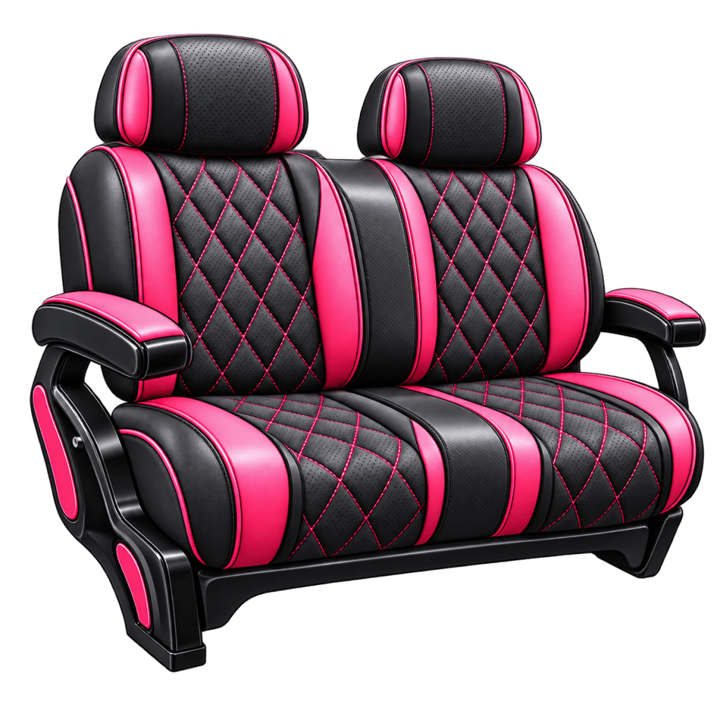 Custom golf cart seating with black and pink upholstery and diamond stitching, available for upgrade