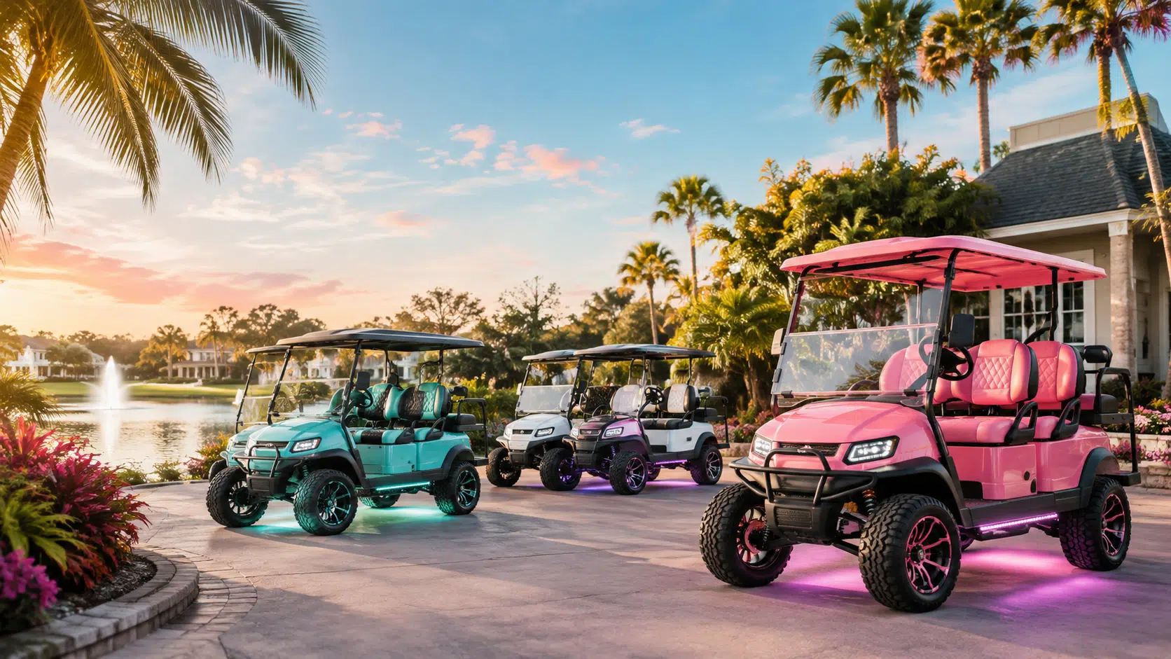 Custom golf carts parked at sunset