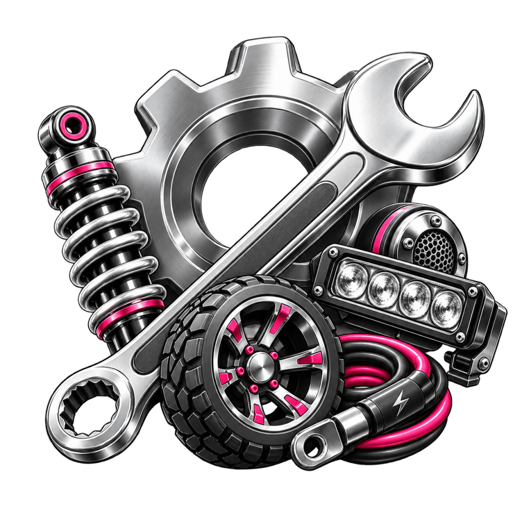 Golf cart parts and accessories illustration featuring wheels, tires, lift kits, LED lighting, and suspension