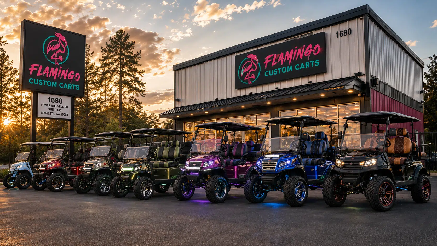 Custom golf carts lined up outside Flamingo Custom Carts at sunset