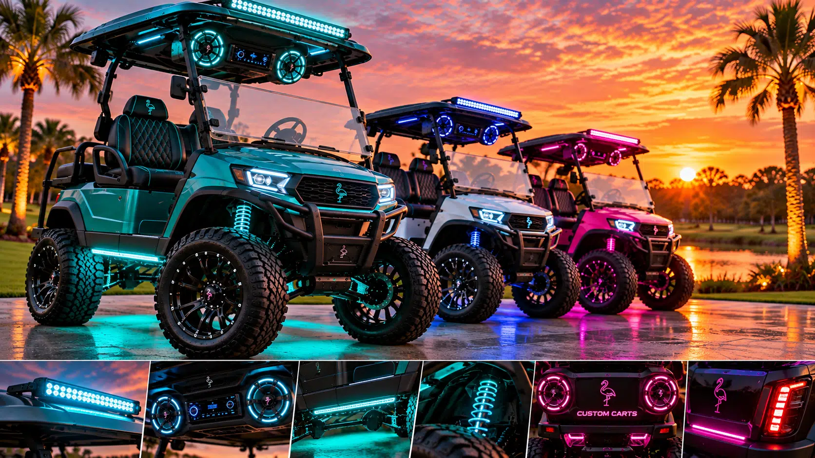 Lifted custom golf cart with neon lighting