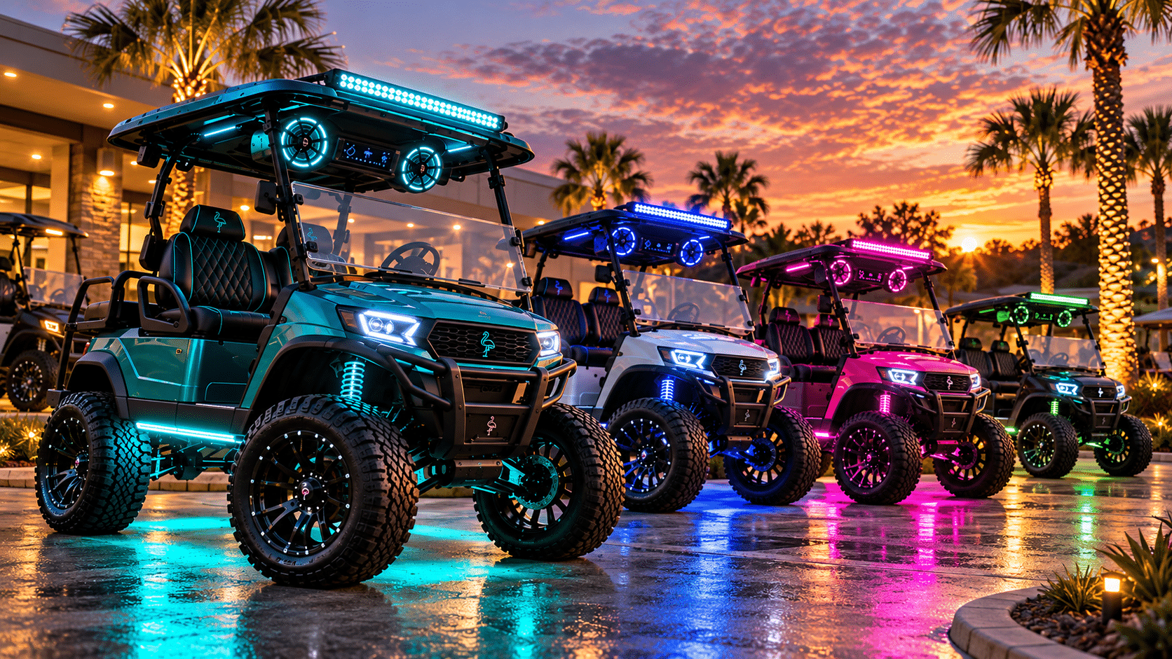 Custom golf cart with LED underglow by Flamingo Custom Carts