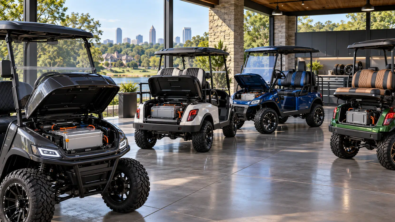 Golf carts with battery bays open in the Flamingo showroom