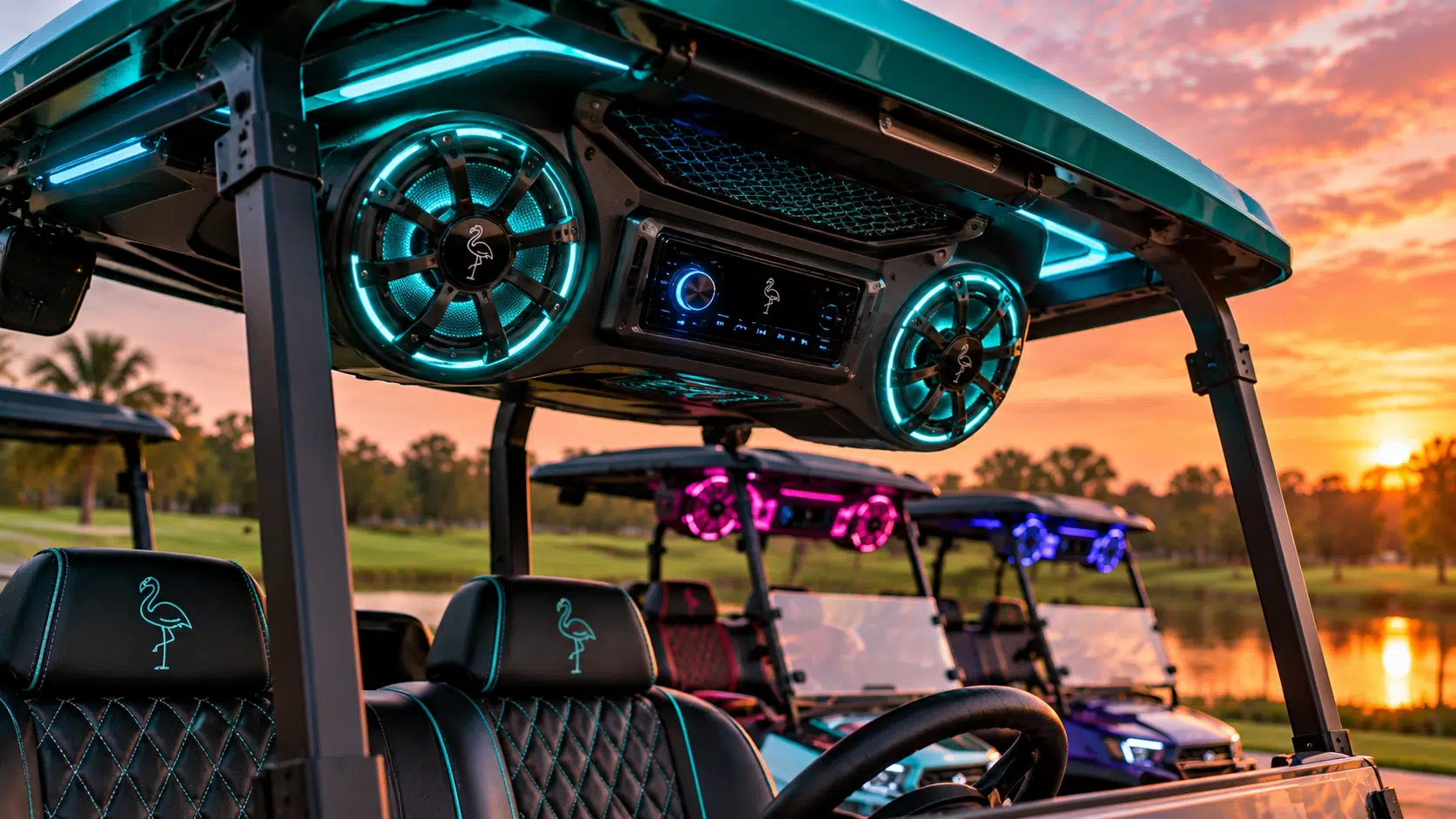 Golf cart custom sound system with lit speakers