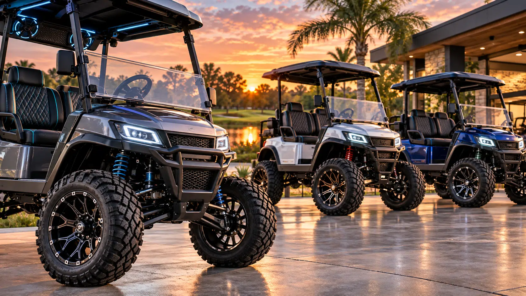 Custom lifted golf carts at sunset
