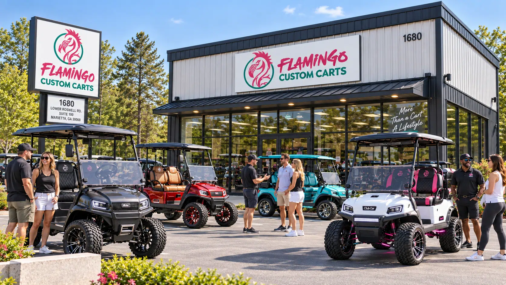 Custom golf carts outside Flamingo Custom Carts