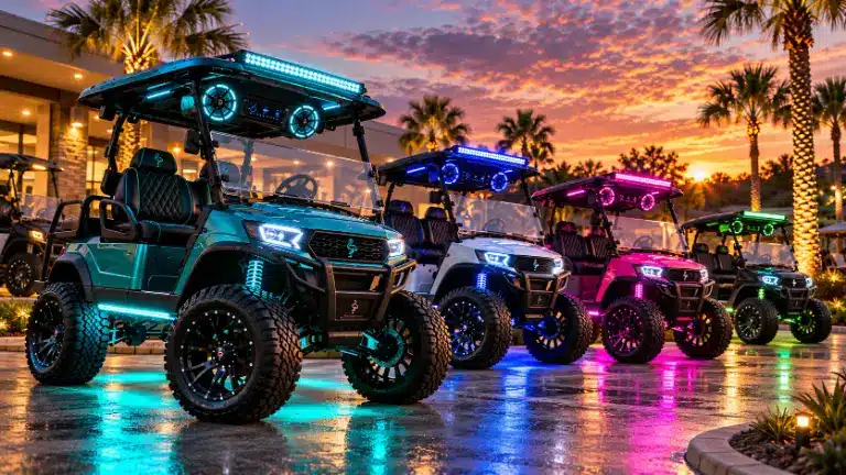 Custom golf carts with LED lighting at sunset