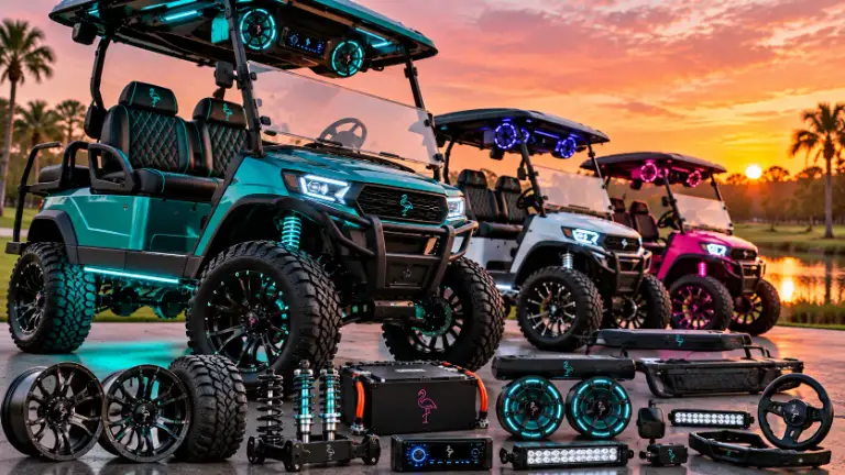 Lifted custom golf carts with upgraded wheels