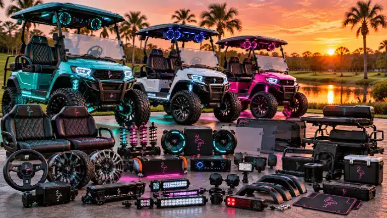 Golf cart lighting, sound, wheels and accessories